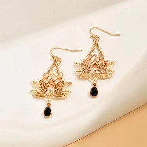 NEW! Golden lotus flower earrings with black accent